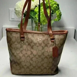 Coach F34603 Signature Zip Top Tote Shoulder Bag Khaki Saddle Jacquard